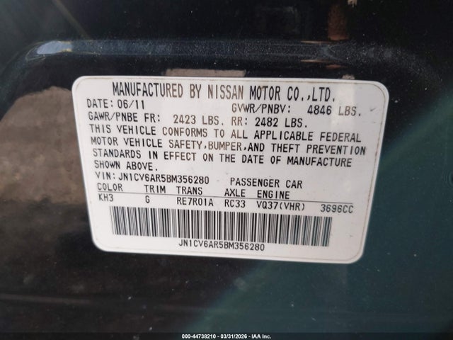 Продажа на аукционе авто 2011 Infiniti G37x, vin: JN1CV6AR5BM356280, номер лота: 44738210