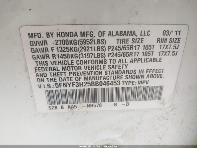 44738217 :رقم المزاد ، 5FNYF3H25BB046453 vin ، 2011 Honda Pilot Lx مزاد بيع