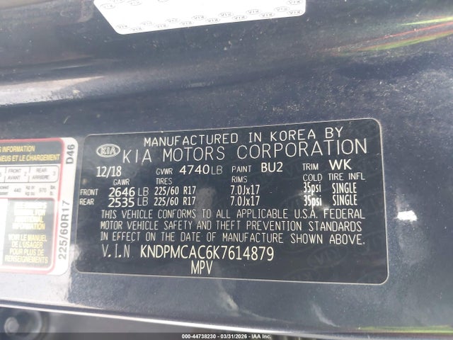 44738230 :رقم المزاد ، KNDPMCAC6K7614879 vin ، 2019 Kia Sportage Lx مزاد بيع