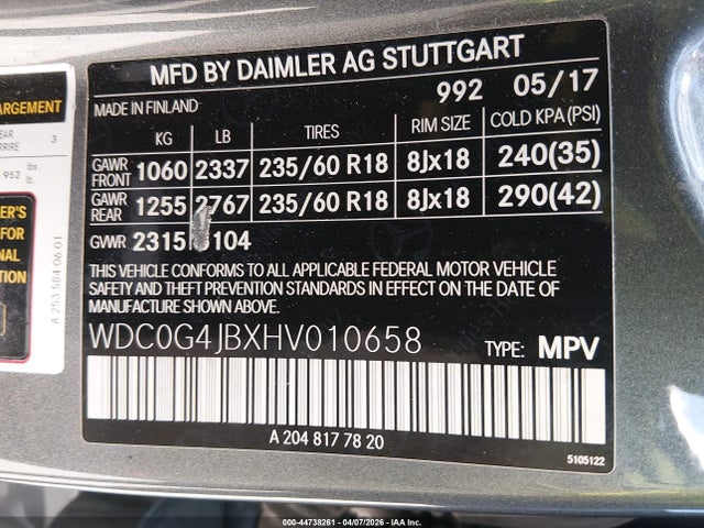 44738261 :رقم المزاد ، WDC0G4JBXHV010658 vin ، 2017 Mercedes-benz Glc 300 مزاد بيع
