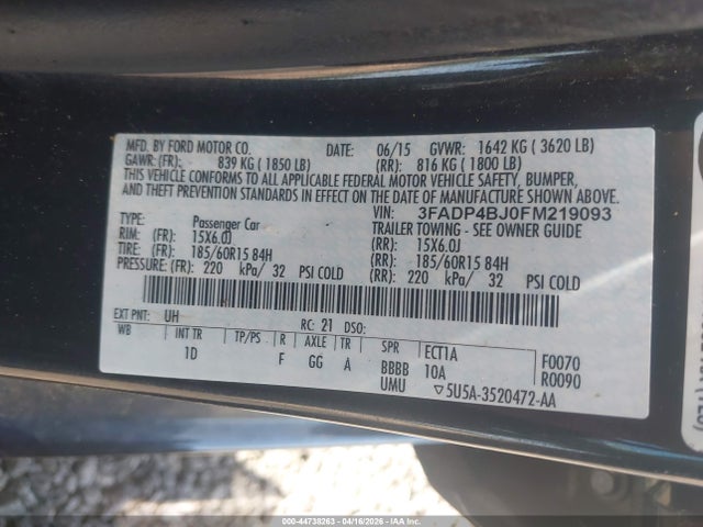 Продаж на аукціоні авто 2015 Ford Fiesta Se, vin: 3FADP4BJ0FM219093, номер лоту: 44738263