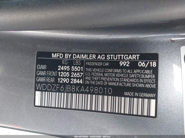 44738264 :رقم المزاد ، WDDZF6JB8KA498010 vin ، 2019 Mercedes-benz E 450 4matic مزاد بيع