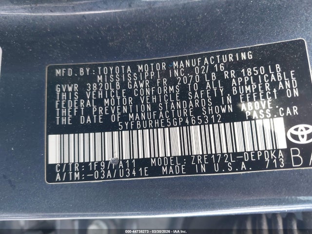 Toyota COROLLA L 2016 5YFBURHE5GP465312 Image 9