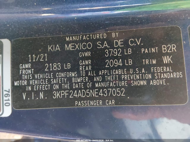 44738276 :رقم المزاد ، 3KPF24AD5NE437052 vin ، 2022 Kia Forte Lxs مزاد بيع