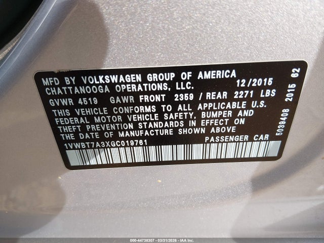 2016 Volkswagen Passat 1.8t Se მანქანა იყიდება აუქციონზე, vin: 1VWBT7A3XGC019761, აუქციონის ნომერი: 44738307