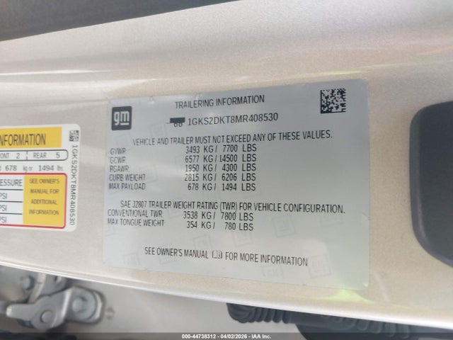 44738312 :رقم المزاد ، 1GKS2DKT8MR408530 vin ، 2021 Gmc Yukon 4wd Denali مزاد بيع