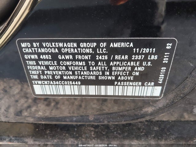 Продаж на аукціоні авто 2012 Volkswagen Passat 2.0l Tdi Sel Premium, vin: 1VWCN7A34CC025449, номер лоту: 44738317