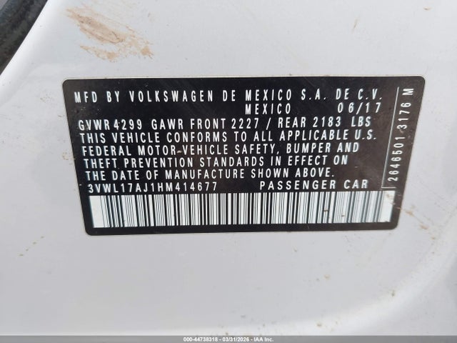 2017 Volkswagen Jetta 1.8t Sel/1.8t Sel Premium მანქანა იყიდება აუქციონზე, vin: 3VWL17AJ1HM414677, აუქციონის ნომერი: 44738318