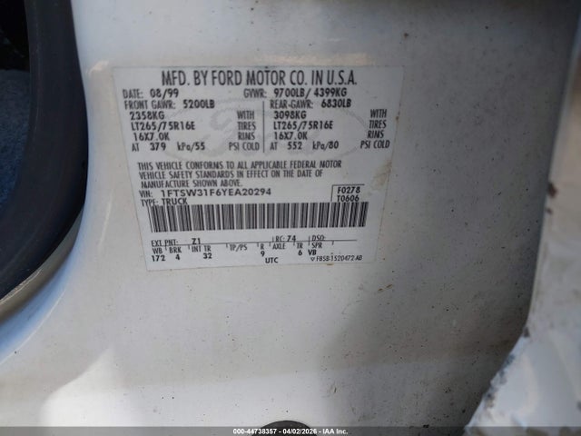 44738357 :رقم المزاد ، 1FTSW31F6YEA20294 vin ، 2000 Ford F-350 Lariat/xl/xlt مزاد بيع