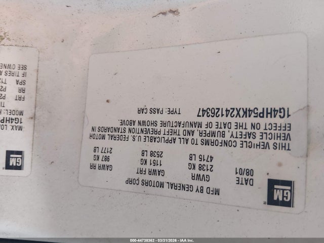 2002 Buick Lesabre Custom მანქანა იყიდება აუქციონზე, vin: 1G4HP54KX24126347, აუქციონის ნომერი: 44738362