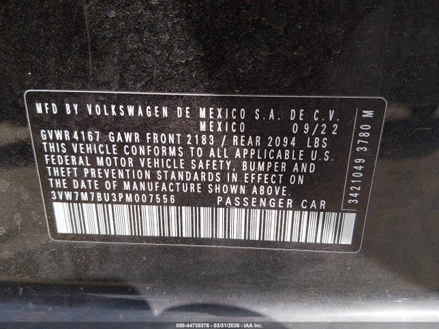 Продаж на аукціоні авто 2023 Volkswagen Jetta 1.5t Se, vin: 3VW7M7BU3PM007556, номер лоту: 44738376