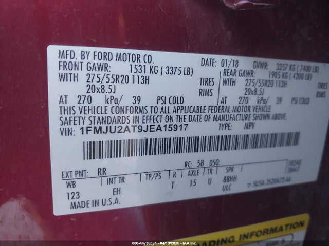 Aukcja sprzedaży 2018 Ford Expedition Limited, vin: 1FMJU2AT9JEA15917, numer aukcji: 44738381