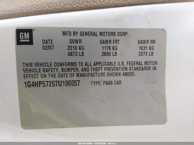 44738388 :رقم المزاد ، 1G4HP57207U186057 vin ، 2007 Buick Lucerne Cx مزاد بيع