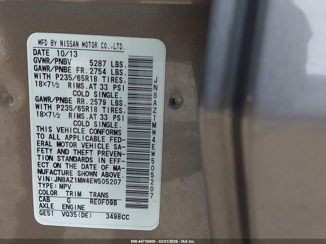 44738400 :رقم المزاد ، JN8AZ1MW4EW505207 vin ، 2014 Nissan Murano S مزاد بيع