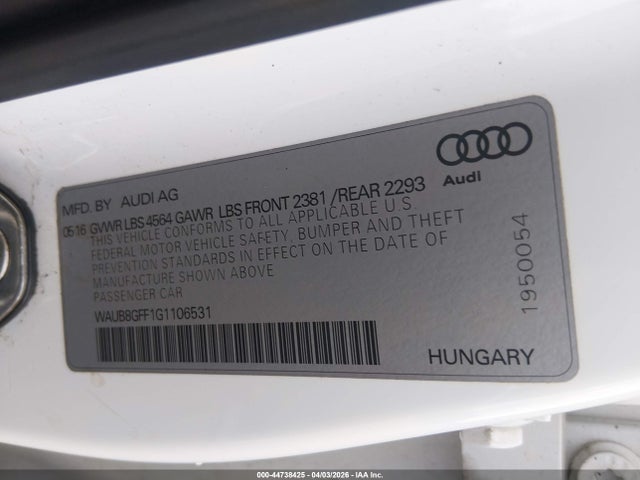 44738425 :رقم المزاد ، WAUB8GFF1G1106531 vin ، 2016 Audi A3 2.0t Premium مزاد بيع