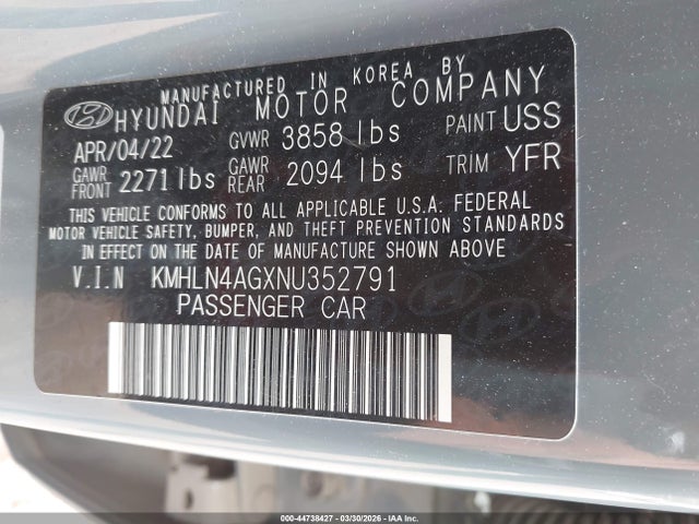 2022 Hyundai Elantra Sel მანქანა იყიდება აუქციონზე, vin: KMHLN4AGXNU352791, აუქციონის ნომერი: 44738427