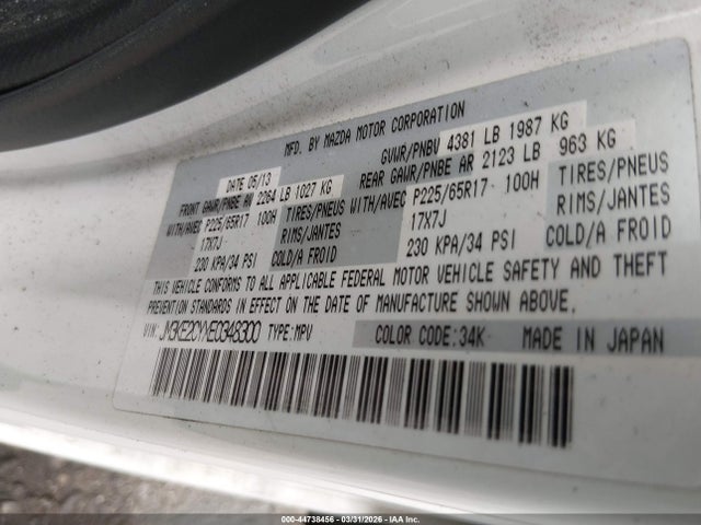 44738456 :رقم المزاد ، JM3KE2CYXE0348300 vin ، 2014 Mazda Cx-5 Touring مزاد بيع