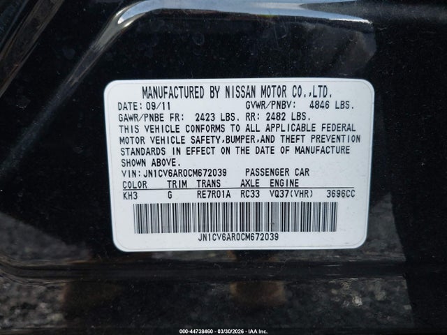 Продаж на аукціоні авто 2012 Infiniti G37x Limited Edition, vin: JN1CV6AR0CM672039, номер лоту: 44738460