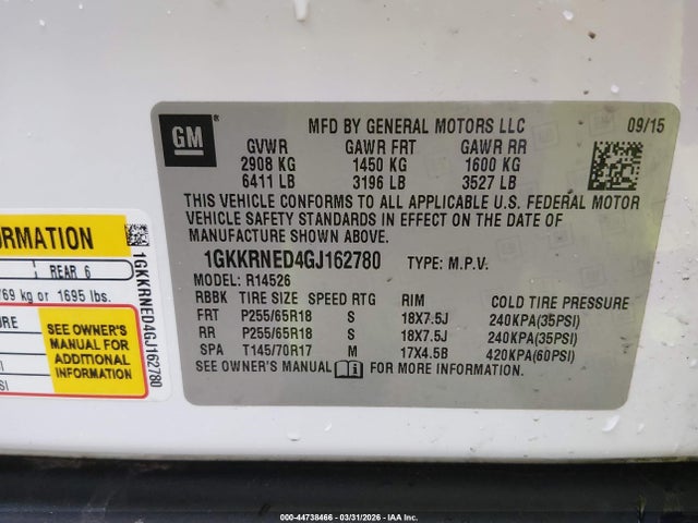 44738466 :رقم المزاد ، 1GKKRNED4GJ162780 vin ، 2016 Gmc Acadia Sle-1 مزاد بيع