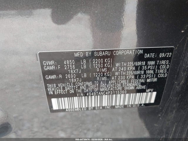 4S4BTANC4P3115360 Subaru Outback Limited