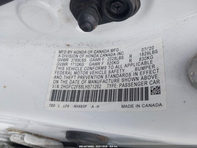 44738482 :رقم المزاد ، 2HGFC2F68LH571262 vin ، 2020 Honda Civic Lx مزاد بيع