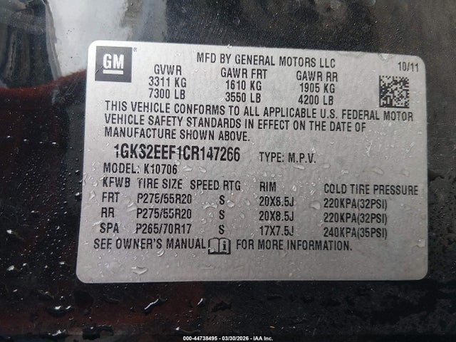 44738495 :رقم المزاد ، 1GKS2EEF1CR147266 vin ، 2012 Gmc Yukon Denali مزاد بيع