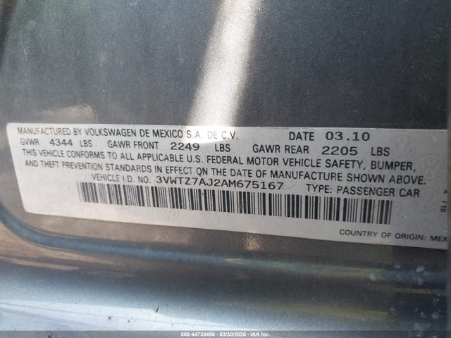 Продаж на аукціоні авто 2010 Volkswagen Jetta Se, vin: 3VWTZ7AJ2AM675167, номер лоту: 44738498