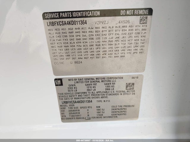 Auction sale of the 2019 Buick Envision Fwd Essence, vin: LRBFXCSA4KD011364, lot number: 44738507