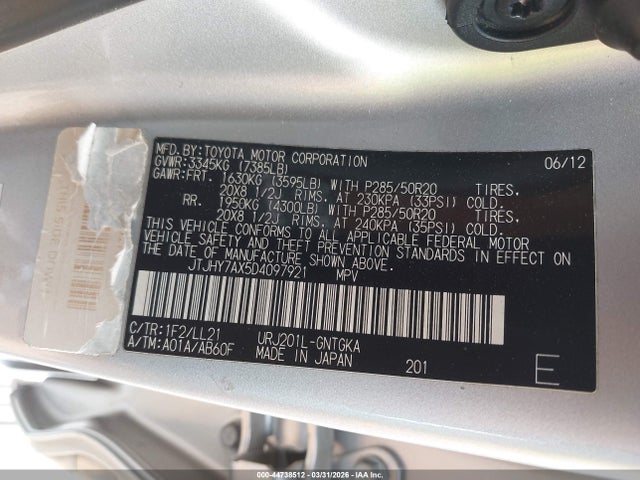 Продаж на аукціоні авто 2013 Lexus Lx 570, vin: JTJHY7AX5D4097921, номер лоту: 44738512