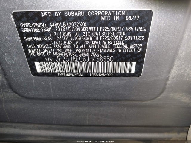 Продаж на аукціоні авто 2018 Subaru Forester 2.5i Premium, vin: JF2SJAEC6JH458550, номер лоту: 44738514