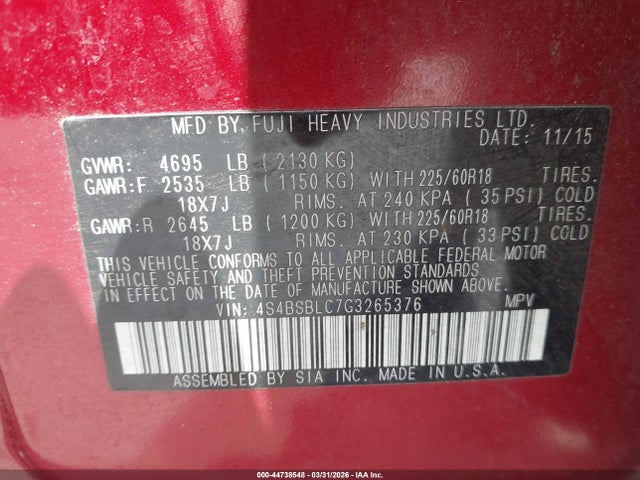 44738548 :رقم المزاد ، 4S4BSBLC7G3265376 vin ، 2016 Subaru Outback 2.5i Limited مزاد بيع