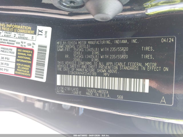 44738553 :رقم المزاد ، 5TDKDRAH4RS540189 vin ، 2024 Toyota Highlander Platinum مزاد بيع