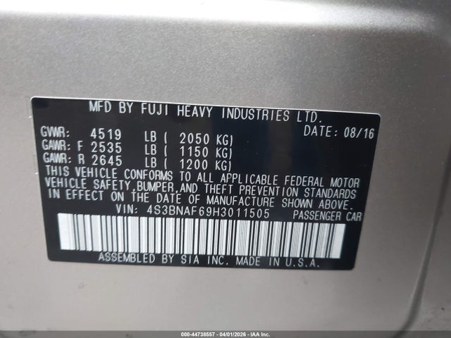 44738557 :رقم المزاد ، 4S3BNAF69H3011505 vin ، 2017 Subaru Legacy 2.5i Premium مزاد بيع