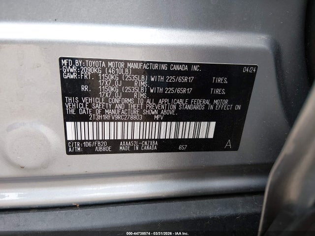 2024 Toyota Rav4 Le მანქანა იყიდება აუქციონზე, vin: 2T3H1RFV9RC278803, აუქციონის ნომერი: 44738574