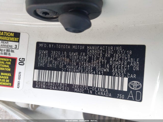 Aukcja sprzedaży 2018 Toyota Corolla Le, vin: 2T1BURHEXJC054141, numer aukcji: 44738594