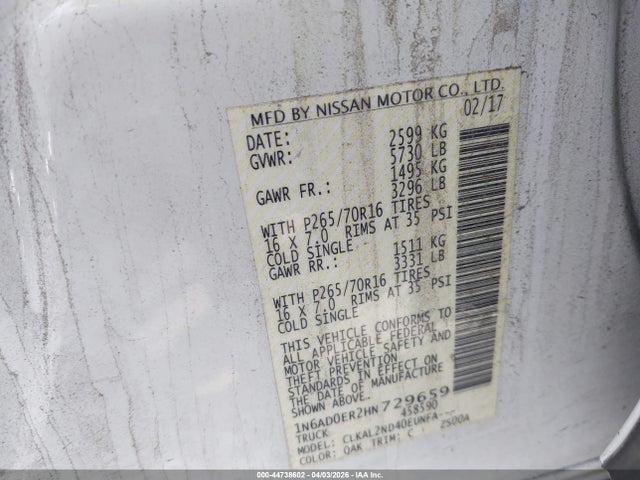 1N6AD0ER2HN729659 Nissan Frontier Sv