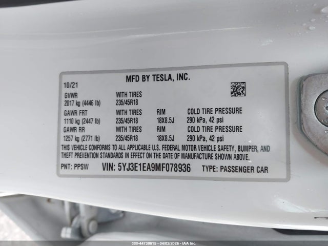 Продаж на аукціоні авто 2021 Tesla Model 3 Standard Range Plus Rear-wheel Drive, vin: 5YJ3E1EA9MF078936, номер лоту: 44738615