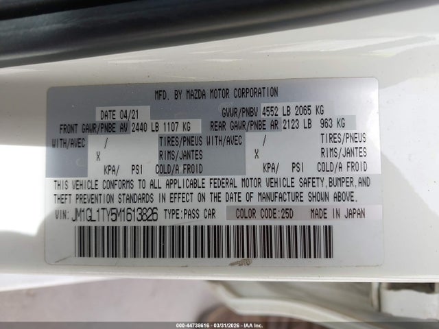 2021 Mazda Mazda6 Grand Touring მანქანა იყიდება აუქციონზე, vin: JM1GL1TY5M1613826, აუქციონის ნომერი: 44738616