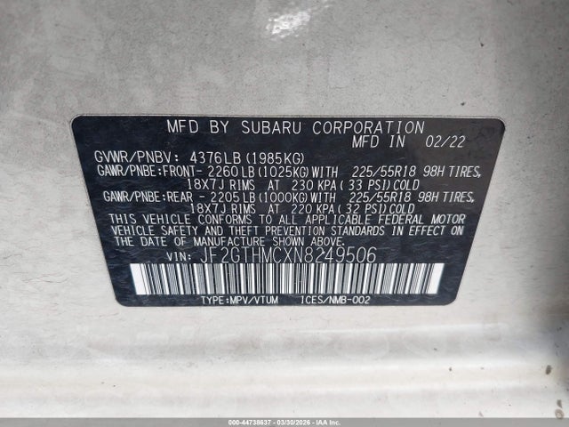 44738637 :رقم المزاد ، JF2GTHMCXN8249506 vin ، 2022 Subaru Crosstrek Limited مزاد بيع