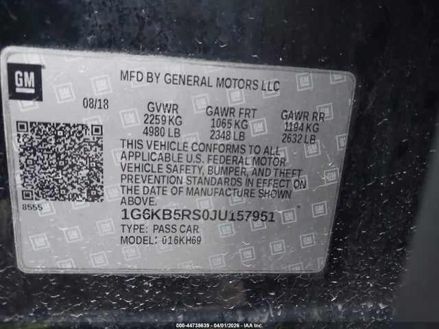Aukcja sprzedaży 2018 Cadillac Ct6 Standard, vin: 1G6KB5RS0JU157951, numer aukcji: 44738639