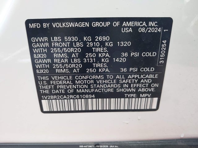 Продажа на аукционе авто 2024 Volkswagen Atlas 2.0t Sel, vin: 1V2BR2CA2RC610894, номер лота: 44738671