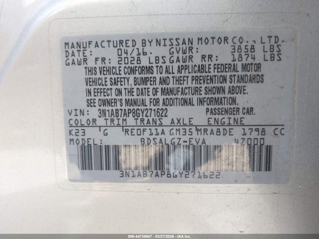 3N1AB7AP8GY271622 Nissan Sentra Fe+ S/s/sl/sr/sv