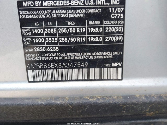 Продаж на аукціоні авто 2008 Mercedes-benz Ml 350 4matic, vin: 4JGBB86EX8A347549, номер лоту: 44738708