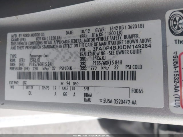 Aukcja sprzedaży 2013 Ford Fiesta Se, vin: 3FADP4BJ0DM149284, numer aukcji: 44738717