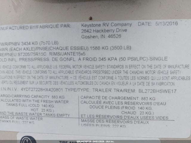 Продаж на аукціоні авто 2017 Keystone Carbon, vin: 4YDT27228HX420801, номер лоту: 44738719