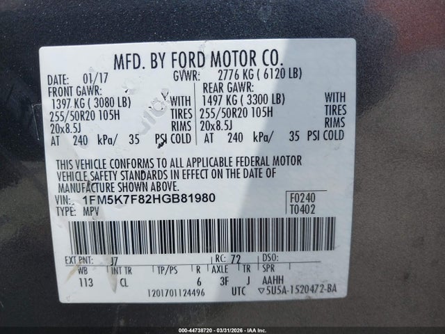 44738720 :رقم المزاد ، 1FM5K7F82HGB81980 vin ، 2017 Ford Explorer Limited مزاد بيع