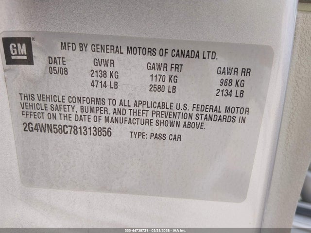 Продажа на аукционе авто 2008 Buick Lacrosse Super, vin: 2G4WN58C781313856, номер лота: 44738731