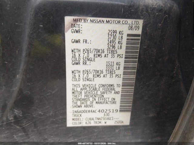 44738732 :رقم المزاد ، 1N6AD0ER4AC402519 vin ، 2010 Nissan Frontier Se مزاد بيع