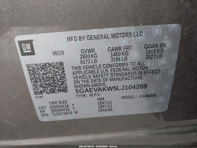 44738735 :رقم المزاد ، 5GAEVAKW5LJ104269 vin ، 2020 Buick Enclave Awd Essence مزاد بيع