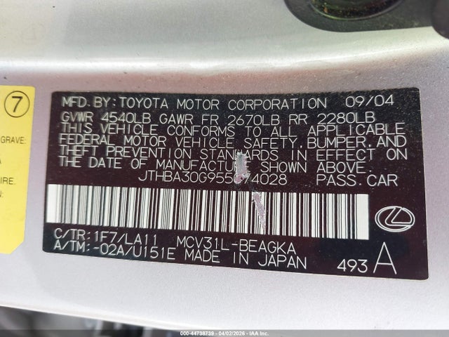 Aukcja sprzedaży 2005 Lexus Es 330, vin: JTHBA30G955074028, numer aukcji: 44738739